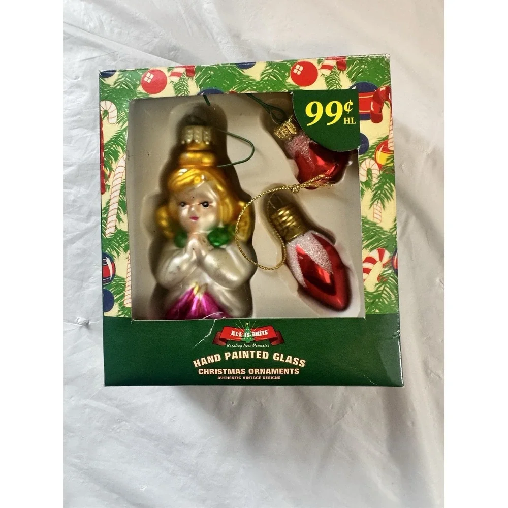 All is Brite Hand Painted Glass Angel Ornament 3 Pack set Vintage Christmas Box
